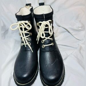 NIB Ilse Jacobsen Hornbaek Black Lace-Up Tall Rain Boots Fleece Lined EU 38
